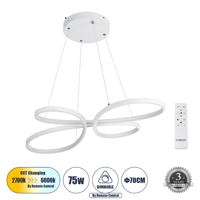 Εικόνα της GloboStar® Κρεμαστό Φωτιστικό Οροφής Design LED CCT 75W 8400lm 300° - Τηλεχειριστηρίου  Dimmable Μ71 x Π52 x Υ4cm - Λευκό