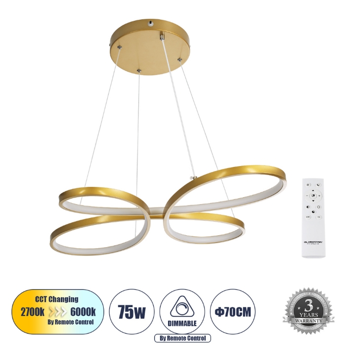 Εικόνα της GloboStar® Κρεμαστό Φωτιστικό Οροφής Design LED CCT 75W - Τηλεχειριστηρίου  Dimmable Μ71 x Π52 x Υ4cm - Χρυσό Βούρτσας