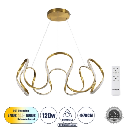 Εικόνα της GloboStar® Κρεμαστό Φωτιστικό Οροφής Design LED CCT 120W  - Τηλεχειριστηρίου  Dimmable Φ78 x Υ31.5cm - Χρυσό Βούρτσας