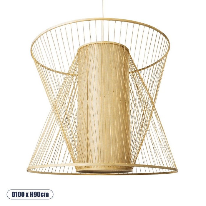 Εικόνα της GloboStar® CORAL 01926 Boho Κρεμαστό Φωτιστικό Οροφής Μονόφωτο 1 x E27 Φ100 x Υ90cm - Μπεζ Ξύλινο Πλέγμα - 5 Years Warranty