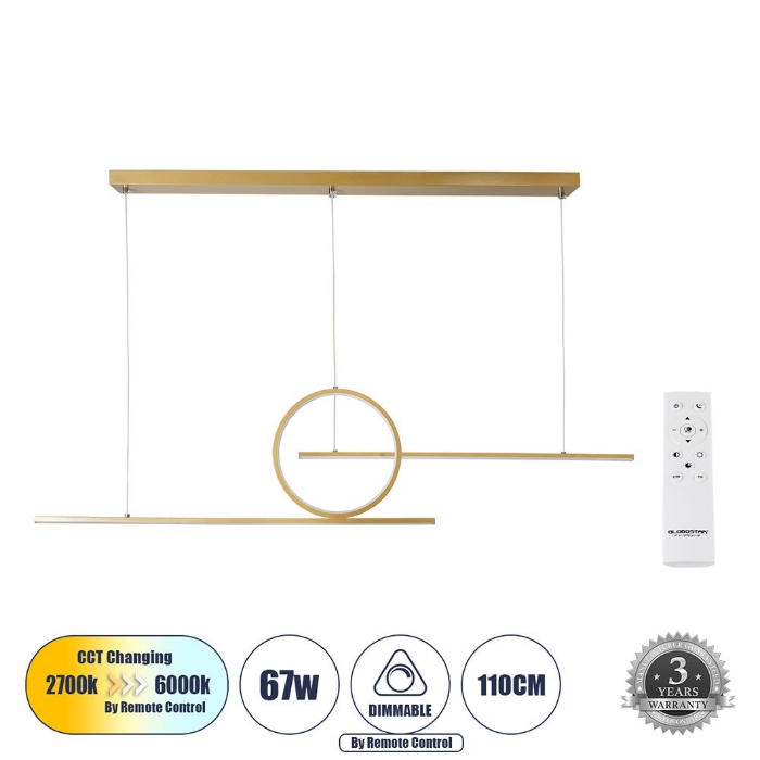 Εικόνα της GloboStar® Κρεμαστό Φωτιστικό Οροφής Design LED CCT 67W - Τηλεχειριστηρίου Dimmable Μ110 x Π4.5 x Υ34cm - Χρυσό Πλατίνα