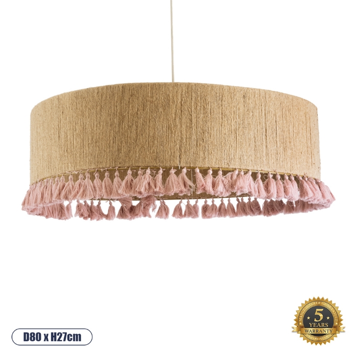 Εικόνα της GloboStar® PUERTORICO Boho Φωτιστικό Οροφής Τρίφωτο 3 x E27  IP20 - Φ80 x Υ27cm - Μπεζ με Ροζ Λεπτό Νήμα Πλέγμα Βαμβακερό Καπέλο