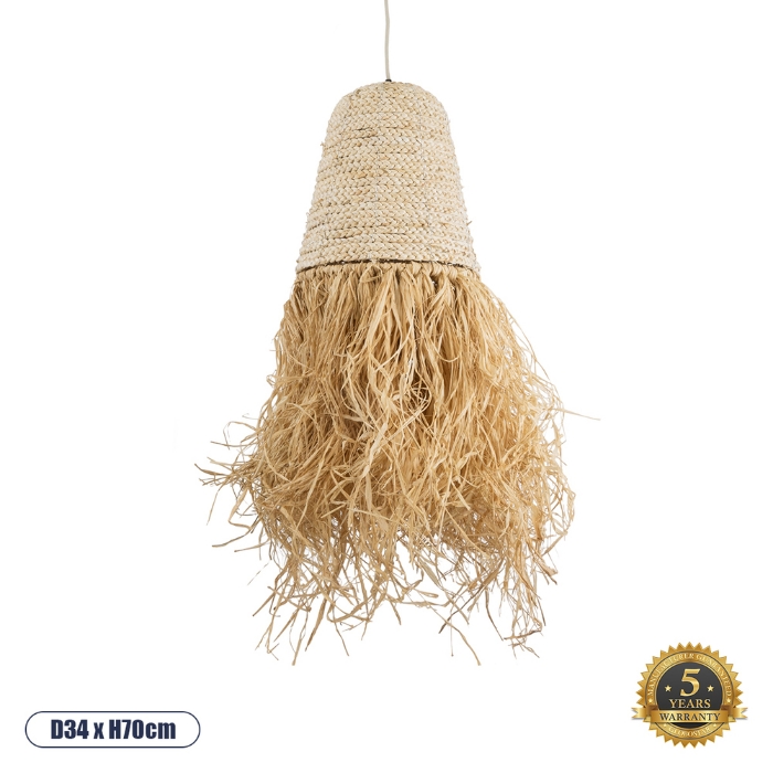 Εικόνα της GloboStar® AREMBEPE 02189 Boho  Φωτιστικό Οροφής Μονόφωτο 1 x E27  - Φ34 x Υ70cm - Μπεζ Φυσική Ράφια Νήμα Πλέγμα Καμπάνα