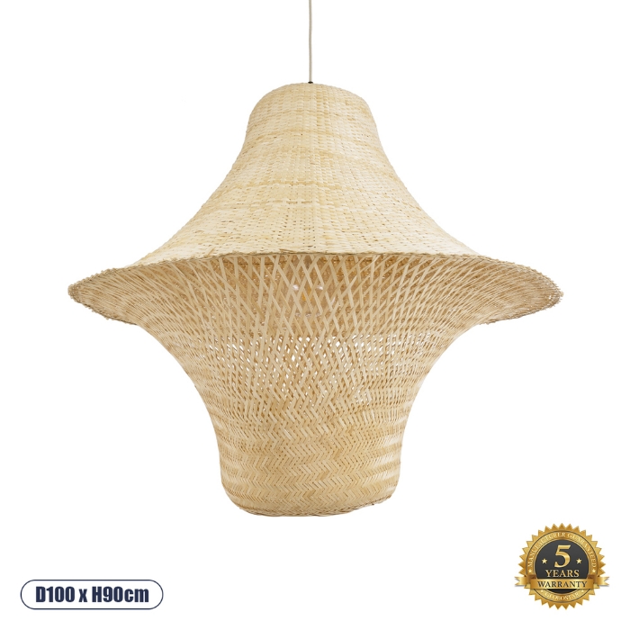 Εικόνα της GloboStar® JUNIPER 02047 Boho  Φωτιστικό Οροφής Μονόφωτο 1 x E27  - Φ100 x Υ90cm - Μπεζ Ξύλινο Μπαμπού Πλέγμα Καμπάνα