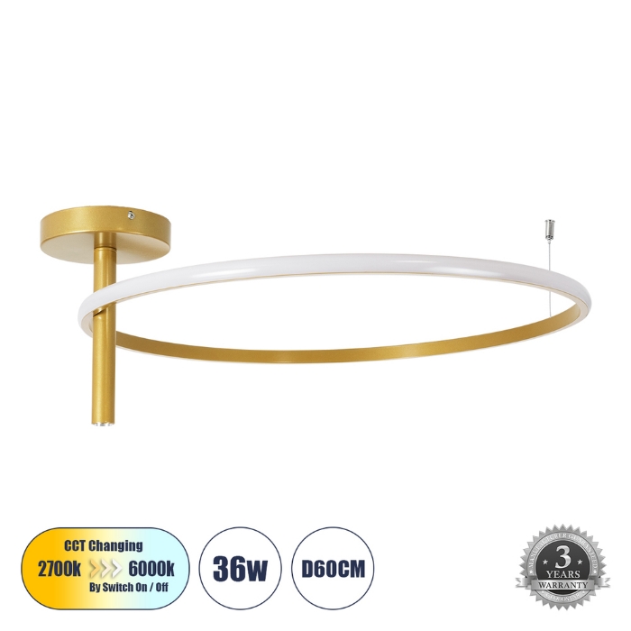 Εικόνα της GloboStar® Φωτιστικό Δαχτυλίδι-Κύκλος LED CCT 36W 4032lm  -  Ψυχρό 6000k+Φυσικό 4500k+Θερμό 2700K Φ60 x Υ26cm - Χρυσό Βούρτσας