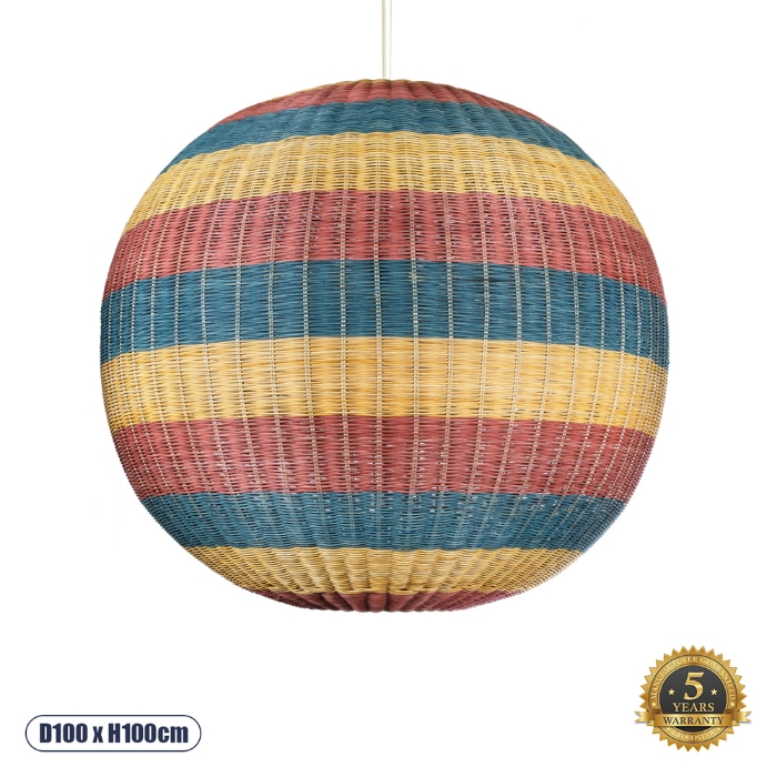 Εικόνα της GloboStar®  02064 Boho Κρεμαστό Φωτιστικό 1 x E27  Φ100 x Υ100cm - Μπλε με Κίτρινο και Κόκκινο Μπαμπού Πλέγμα Μπάλα