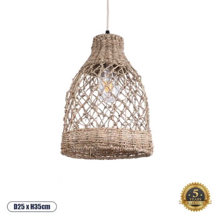 Εικόνα της GloboStar® ECUADOR 02118 Boho Κρεμαστό Φωτιστικό 1 x E27  Φ25 x Υ35cm - Μπεζ Seagrass - Φύκι Πλέγμα Καμπάνα