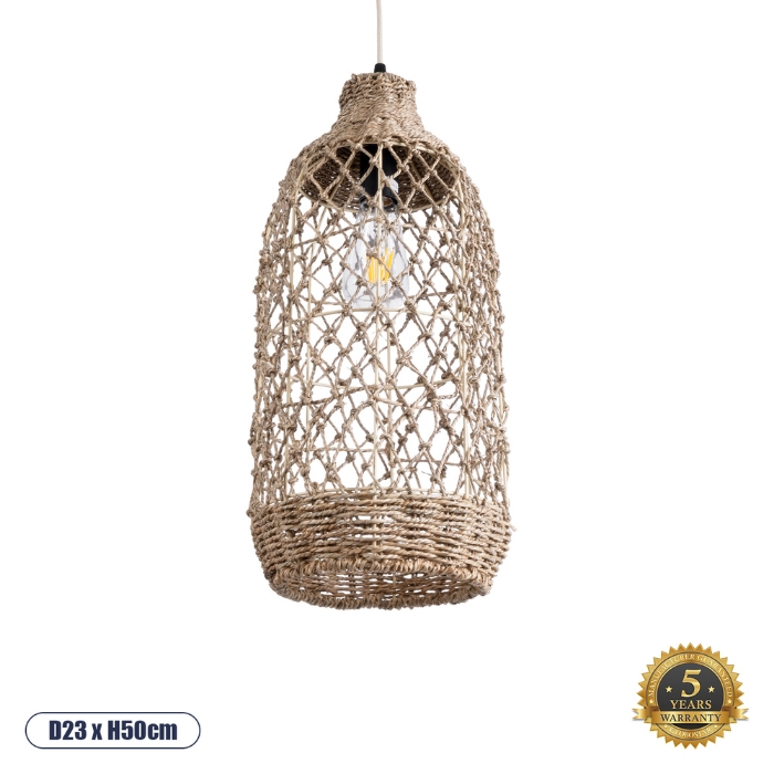 Εικόνα της GloboStar® ECUADOR 02116 Boho Κρεμαστό Φωτιστικό 1 x E27  Φ23 x Υ50cm - Μπεζ Seagrass - Φύκι Πλέγμα Καμπάνα