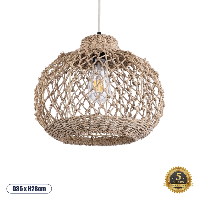 Εικόνα της GloboStar® ECUADOR 02115 Boho Κρεμαστό Φωτιστικό 1 x E27  Φ35 x Υ28cm - Μπεζ Seagrass - Φύκι Πλέγμα Καμπάνα