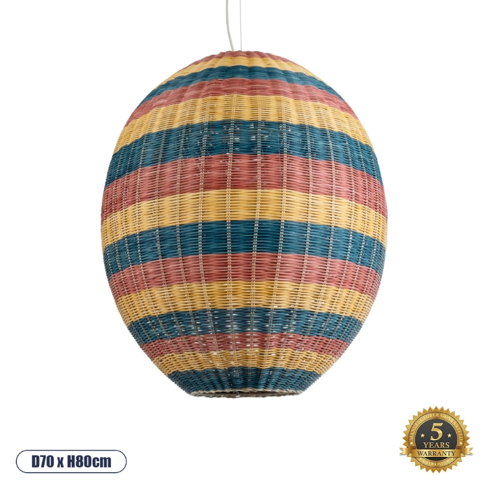 Εικόνα της GloboStar®  02066 Boho Κρεμαστό Φωτιστικό 1 x E27  Φ70 x Υ80cm - Πράσινο με Κίτρινο και Μπλε με Κόκκινο Ξύλινο Μπαμπού Πλέγμα