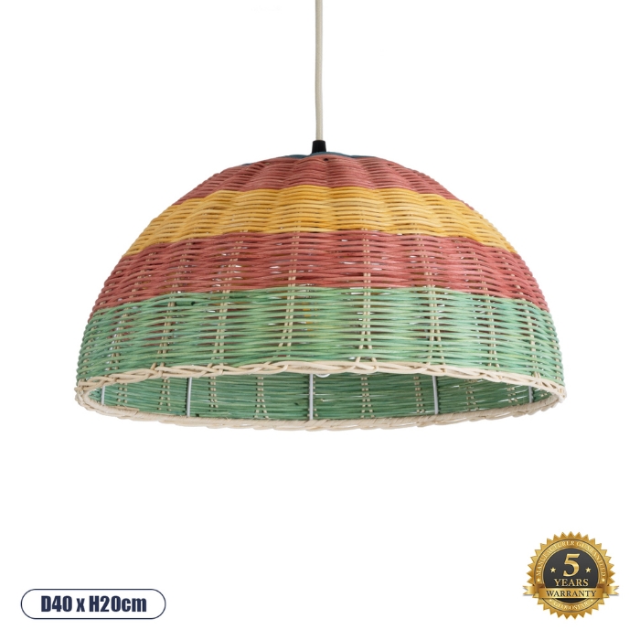 Εικόνα της GloboStar®  02060 Boho Κρεμαστό Φωτιστικό 1 x E27  Φ40 x Υ20cm - Πράσινο με Κίτρινο και Κόκκινο Ξύλινο Μπαμπού Πλέγμα Καμπάνα