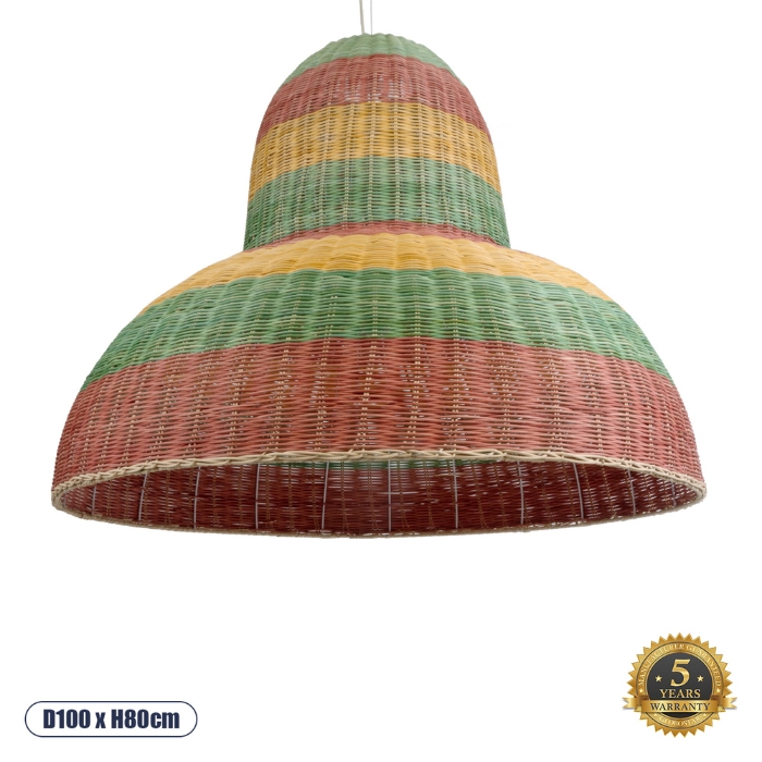 Εικόνα της GloboStar® Boho Κρεμαστό Φωτιστικό 1 x E27  Φ100 x Υ80cm - Πράσινο με Κίτρινο και Μπεζ με Κόκκινο Ξύλινο Μπαμπού Πλέγμα Καμπάνα