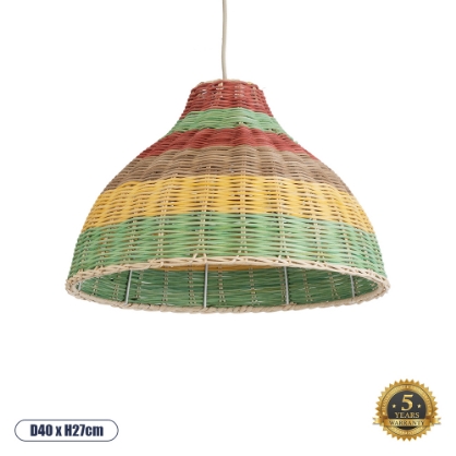 Εικόνα της GloboStar®  Boho Κρεμαστό Φωτιστικό 1 x E27  Φ40 x Υ27cm - Πράσινο με Κίτρινο και Μπεζ με Κόκκινο Ξύλινο Μπαμπού Πλέγμα Καμπάνα