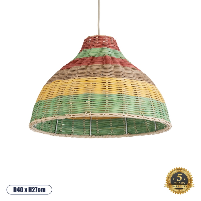 Εικόνα της GloboStar®  Boho Κρεμαστό Φωτιστικό 1 x E27  Φ40 x Υ27cm - Πράσινο με Κίτρινο και Μπεζ με Κόκκινο Ξύλινο Μπαμπού Πλέγμα Καμπάνα