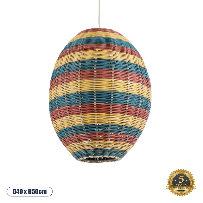 Εικόνα της GloboStar®  02065 Boho Κρεμαστό Φωτιστικό 1 x E27  Φ40 x Υ50cm - Πράσινο με Κίτρινο και Μπλε με Κόκκινο Ξύλινο Μπαμπού Πλέγμα