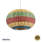 Εικόνα της GloboStar®  02055 Boho Κρεμαστό Φωτιστικό 1 x E27  Φ40 x Υ25cm - Πράσινο με Κίτρινο και Μπλε με Κόκκινο Ξύλινο Μπαμπού Πλέγμα