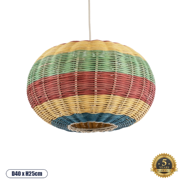 Εικόνα της GloboStar®  02055 Boho Κρεμαστό Φωτιστικό 1 x E27  Φ40 x Υ25cm - Πράσινο με Κίτρινο και Μπλε με Κόκκινο Ξύλινο Μπαμπού Πλέγμα