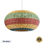 Εικόνα της GloboStar®  02056 Boho Κρεμαστό Φωτιστικό 1 x E27  Φ70 x Υ36cm - Πράσινο με Κίτρινο και Μπλε με Κόκκινο Ξύλινο Μπαμπού Πλέγμα