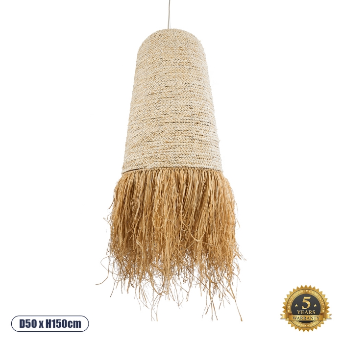 Εικόνα της GloboStar® AREMBEPE 02171 Boho Κρεμαστό Φωτιστικό 1 x E27  Φ50 x Υ150cm - Μπεζ Φυσική Ράφια Νήμα Πλέγμα Καμπάνα