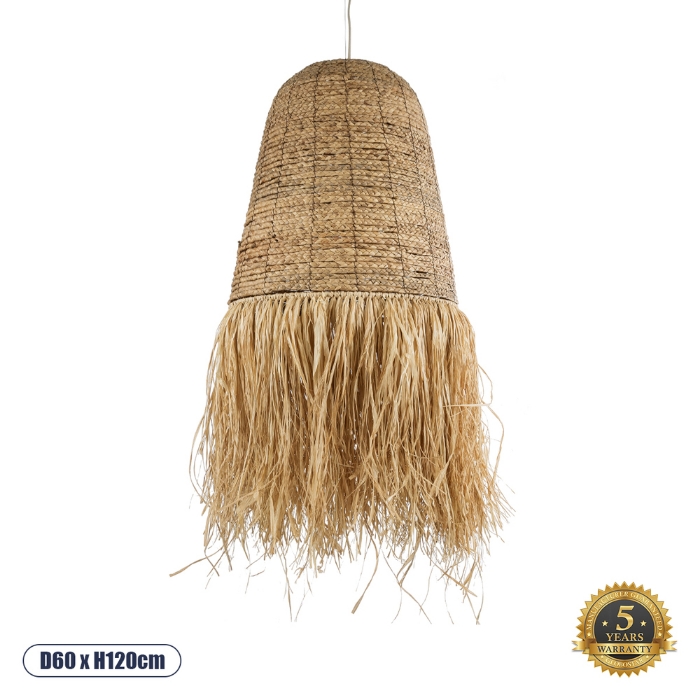 Εικόνα της GloboStar® PORTOFERRAIO 02190 Boho Κρεμαστό Φωτιστικό 1 x E27  Φ60 x Υ120cm - Μπεζ Φυσική Ράφια Νήμα Πλέγμα Καμπάνα