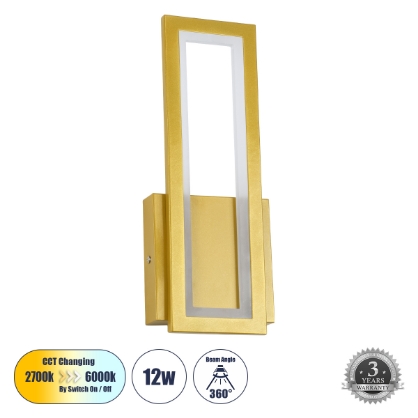 Εικόνα της GloboStar® TIARA 61328 - Απλίκα Design LED CCT 12W 1440lm  -   Ψυχρό 6000k+Φυσικό 4500k+Θερμό 2700k Μ12.5 x Π4 x Υ32cm - Χρυσό