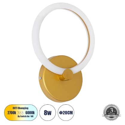 Εικόνα της GloboStar® MATILDA 61340 - Απλίκα Design LED CCT 8W 960lm  -   Ψυχρό 6000k+Φυσικό 4500k+Θερμό 2700k Μ20 x Π5 x Υ25.5cm - Χρυσό