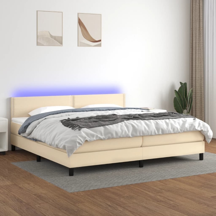 Εικόνα της Κρεβάτι Boxspring με Στρώμα & LED Κρεμ 200x200 εκ. Υφασμάτινο Hobbo