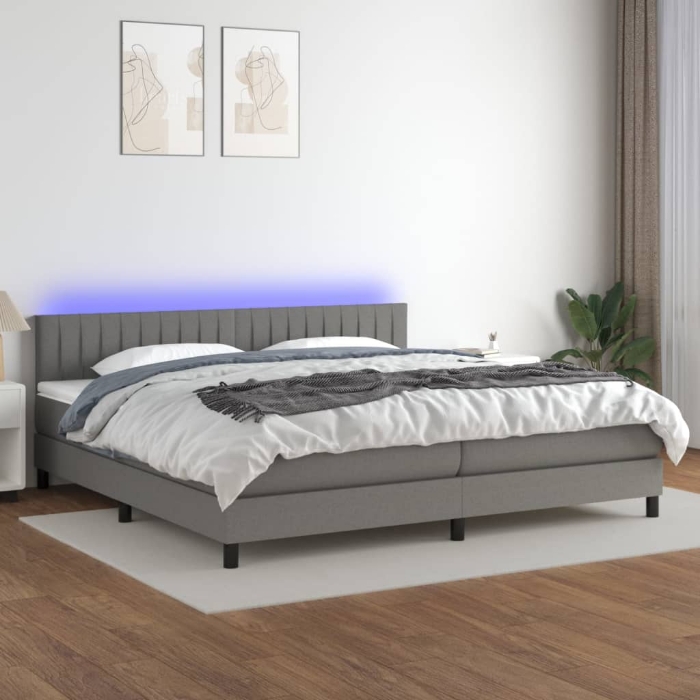 Εικόνα της Κρεβάτι Boxspring με Στρώμα & LED Σκ.Γκρι 200x200εκ. Υφασμάτινο Hobbo