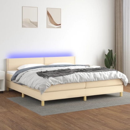 Εικόνα της Κρεβάτι Boxspring με Στρώμα & LED Κρεμ 200x200 εκ. Υφασμάτινο Hobbo