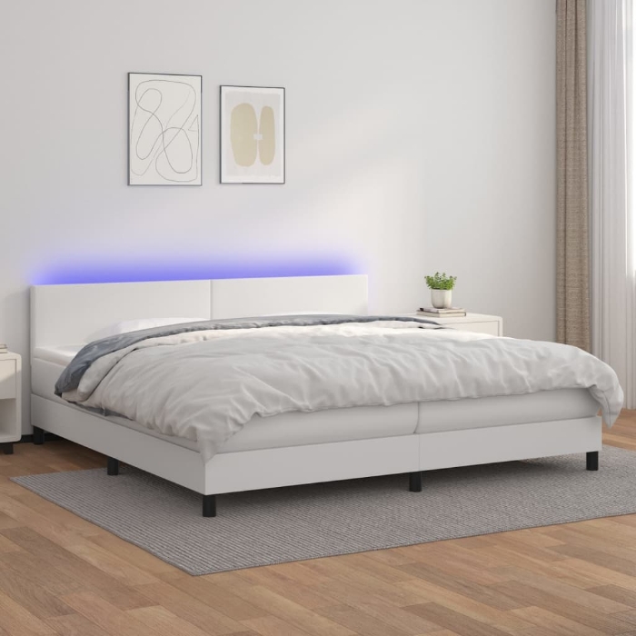 Εικόνα της Κρεβάτι Boxspring με Στρώμα & LED Λευκό 200x200 εκ. Συνθ. Δέρμα Hobbo