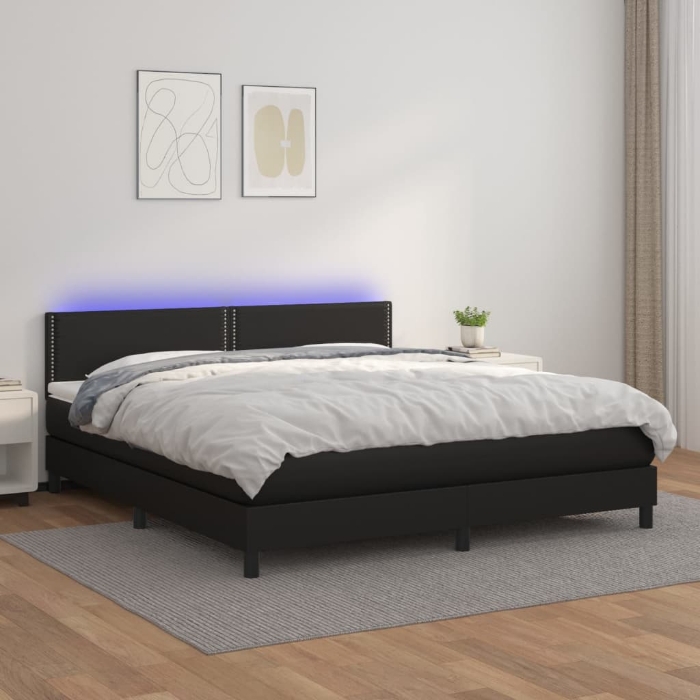 Εικόνα της Κρεβάτι Boxspring με Στρώμα & LED Μαύρο 180x200 εκ. Συνθ. Δέρμα Hobbo