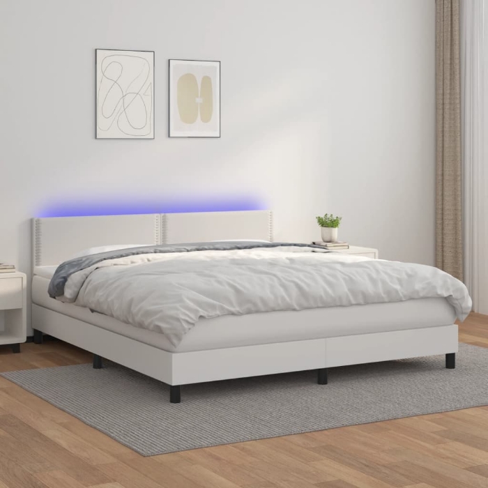 Εικόνα της Κρεβάτι Boxspring με Στρώμα & LED Λευκό 180x200 εκ. Συνθ. Δέρμα Hobbo