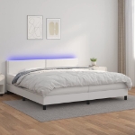 Εικόνα της Κρεβάτι Boxspring με Στρώμα & LED Λευκό 200x200 εκ. Συνθ. Δέρμα Hobbo