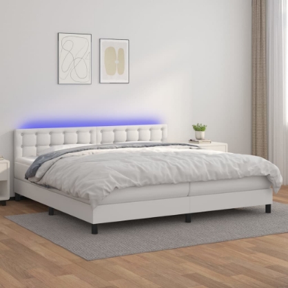 Εικόνα της Κρεβάτι Boxspring με Στρώμα & LED Λευκό 200x200 εκ. Συνθ. Δέρμα Hobbo