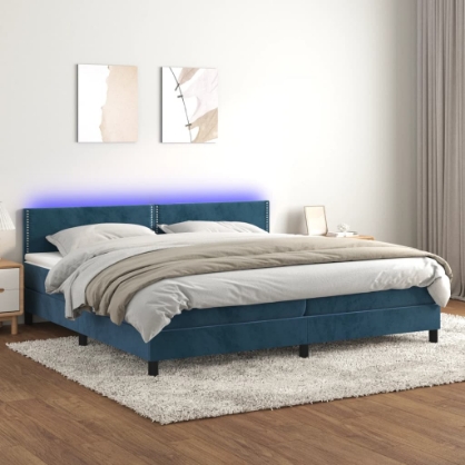 Εικόνα της Κρεβάτι Boxspring με Στρώμα & LED Σκ. Μπλε 200x200εκ. Βελούδινο Hobbo