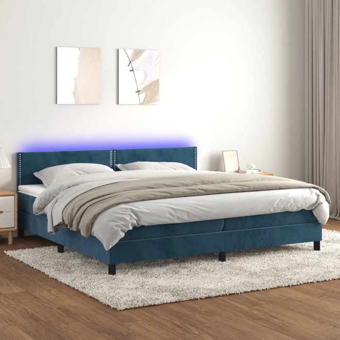 Εικόνα της Κρεβάτι Boxspring με Στρώμα & LED Σκ. Μπλε 200x200εκ. Βελούδινο Hobbo