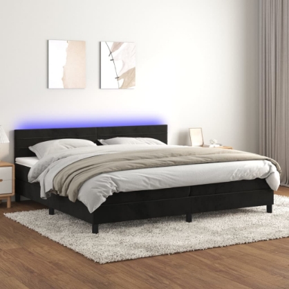 Εικόνα της Κρεβάτι Boxspring με Στρώμα & LED Μαύρο 200x200 εκ. Βελούδινο Hobbo