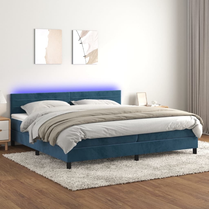 Εικόνα της Κρεβάτι Boxspring με Στρώμα & LED Σκ. Μπλε 200x200εκ. Βελούδινο Hobbo