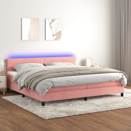 Εικόνα της Κρεβάτι Boxspring με Στρώμα & LED Ροζ 200x200 εκ. Βελούδινο Hobbo