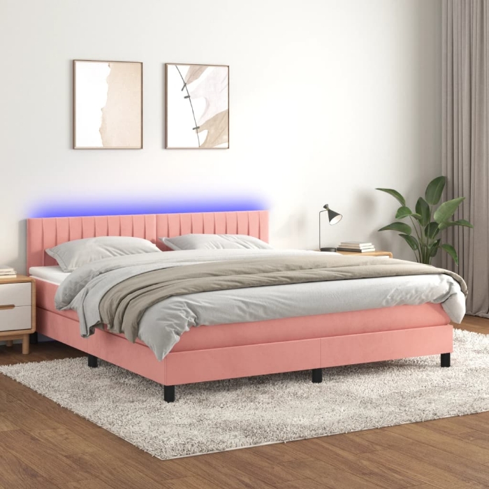 Εικόνα της Κρεβάτι Boxspring με Στρώμα & LED Ροζ 180x200 εκ. Βελούδινο Hobbo