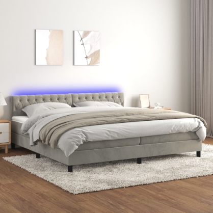 Εικόνα της Κρεβάτι Boxspring με Στρώμα & LED Αν.Γκρι 200x200 εκ. Βελούδινο Hobbo