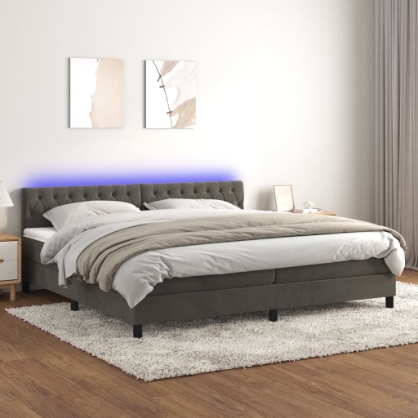 Εικόνα της Κρεβάτι Boxspring με Στρώμα & LED Σκ. Γκρι 200x200εκ. Βελούδινο Hobbo