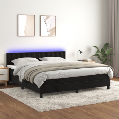 Εικόνα της Κρεβάτι Boxspring με Στρώμα & LED Μαύρο 180x200 εκ. Βελούδινο Hobbo