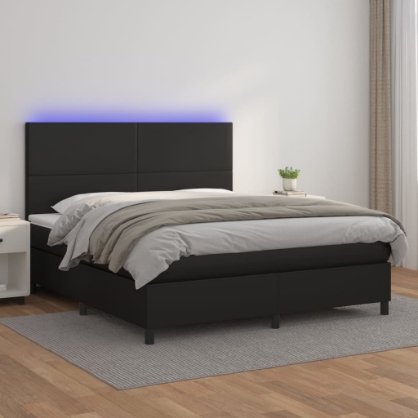 Εικόνα της Κρεβάτι Boxspring με Στρώμα & LED Μαύρο 180x200 εκ. Συνθ. Δέρμα Hobbo