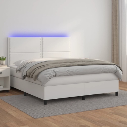 Εικόνα της Κρεβάτι Boxspring με Στρώμα & LED Λευκό 180x200 εκ. Συνθ. Δέρμα Hobbo