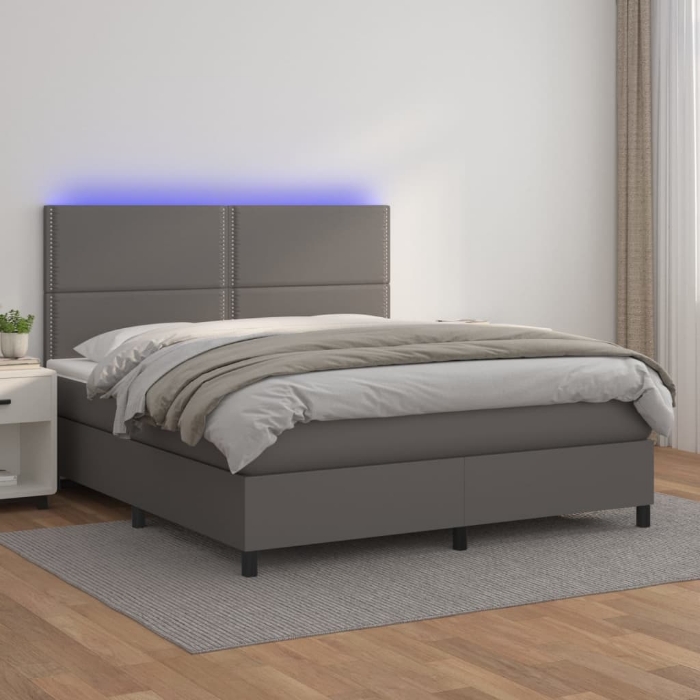 Εικόνα της Κρεβάτι Boxspring με Στρώμα & LED Γκρι 180x200 εκ. Συνθ. Δέρμα Hobbo