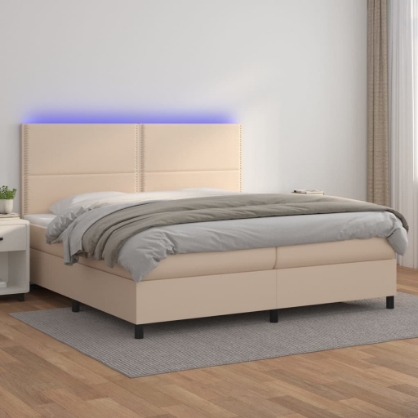 Εικόνα της Κρεβάτι Boxspring Στρώμα&LED Καπουτσίνο 200x200 εκ. Συνθ. Δέρμα Hobbo