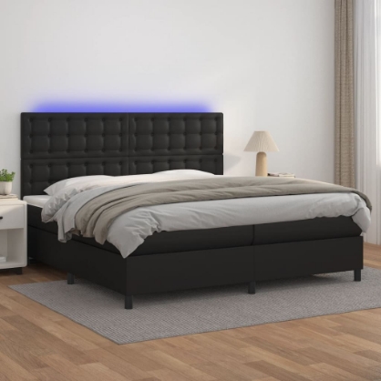 Εικόνα της Κρεβάτι Boxspring με Στρώμα & LED Μαύρο 200x200 εκ. Συνθ. Δέρμα Hobbo