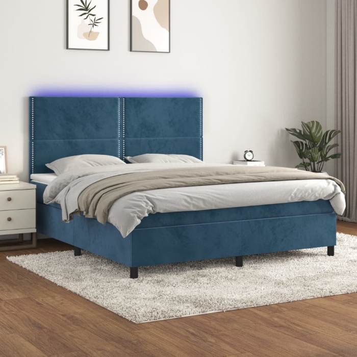 Εικόνα της Κρεβάτι Boxspring με Στρώμα & LED Σκ. Μπλε 180x200εκ. Βελούδινο Hobbo