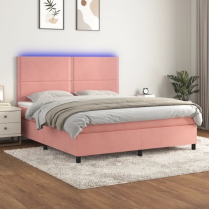 Εικόνα της Κρεβάτι Boxspring με Στρώμα & LED Ροζ 180x200 εκ. Βελούδινο Hobbo